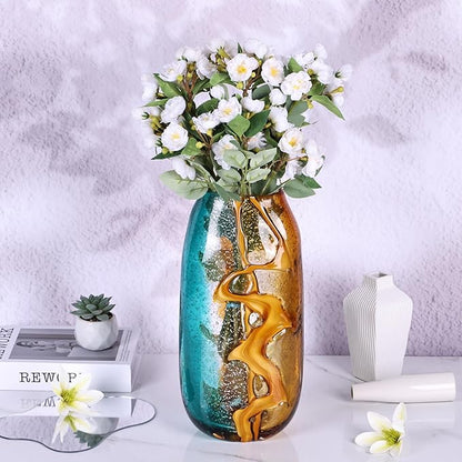 Teal Glass Vase,Hand Blown Green Flower Bulk,Murano Glass Vases,Unique Table Decor, Flowers with Decorative,Teal Vase Decor,for Bookshelf,Living Room,Office,Gift (L)