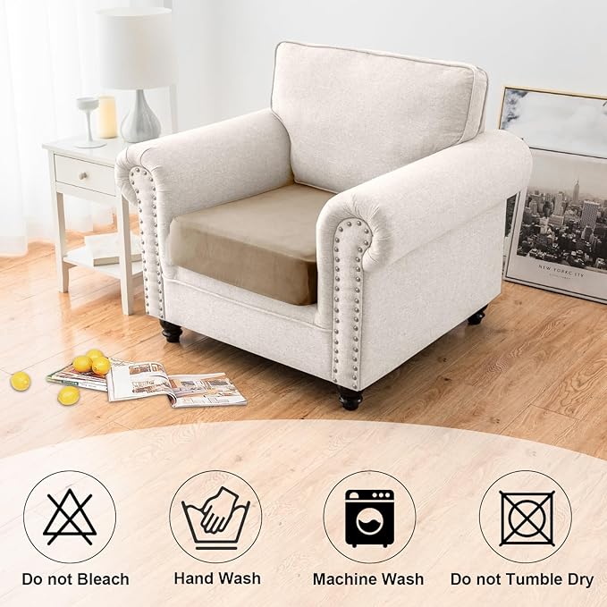 NAISI Waterproof Couch Cushion Covers Thick Velvet Fabric Washable Sofa Slipcovers 1 Piece Individual Sectional Couch Covers with Elastic Bottom(1 PC for Seat Cushion or Backrest,Sand)