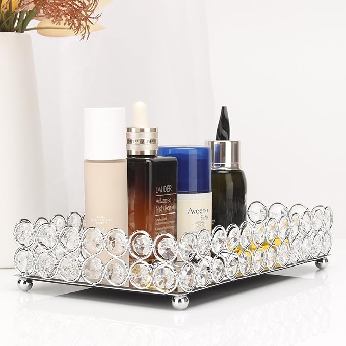 Elegant Silver Crystal Mirror Perfume Tray for Vanity, Coffee Table, and Home Decor - Small Glass Tray for Jewelry, Perfume, and Decorative Items - Bandeja para Perfumes, Perfume Trays for Dresser