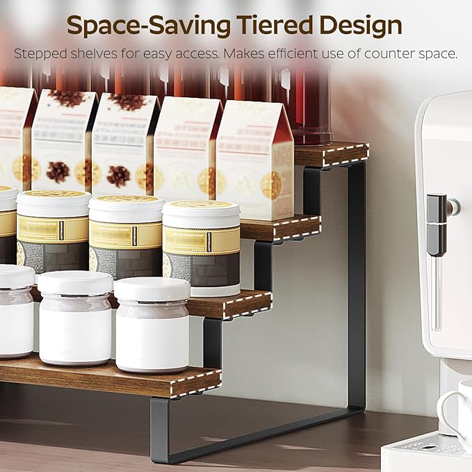 Spice Rack, 4 Tier Wooden Display Riser Stand, Kitchen Storage Organizer for Spices, Versatile Display Shelf, Space Saving, for Kitchen Countertop and Cabinet, Rustic Brown SR04L2BR