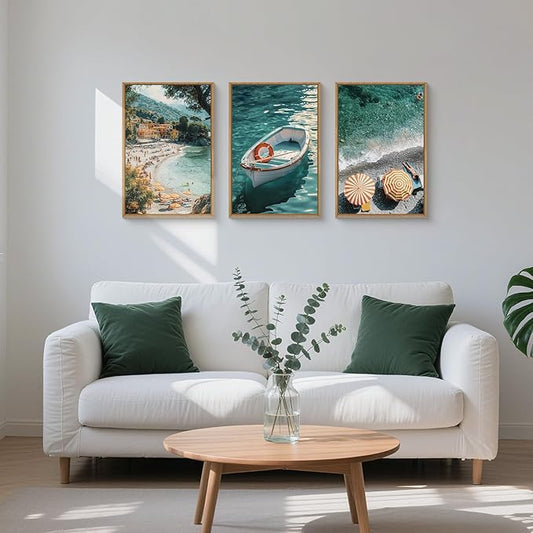 Natural Coastal Ocean Framed Canvas Wall Art Set,Mediterranean Amalfi Blue Green Beach Seascape Decor,Modern Summer Seaside Boat & Umbrella Artwork for Living Room,Bedroom,Farmhouse- 24"x36"x3