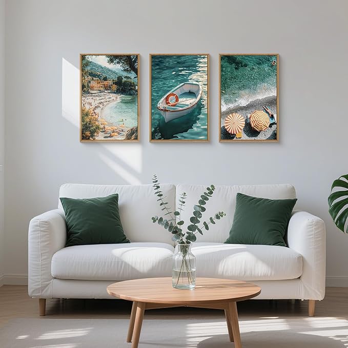 Natural Coastal Ocean Framed Canvas Wall Art Set,Mediterranean Amalfi Blue Green Beach Seascape Decor,Modern Summer Seaside Boat & Umbrella Artwork for Living Room,Bedroom,Farmhouse- 16"x24"x3
