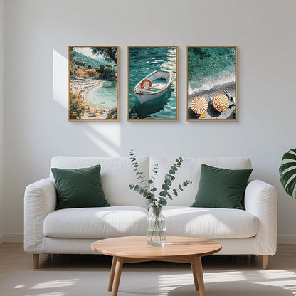 Natural Coastal Ocean Framed Canvas Wall Art Set,Mediterranean Amalfi Blue Green Beach Seascape Decor,Modern Summer Seaside Boat & Umbrella Artwork for Living Room,Bedroom,Farmhouse- 16"x24"x3