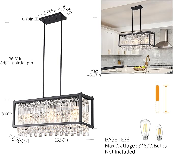 LMQNINE Modern Rectangle Chandelier for Dining Room, Black Crystal Chandelier Linear Light Fixture, Farmhouse Chandeliers for Kitchen Island, Bar Table, L25.98'' x W9.84'' x H8.66''