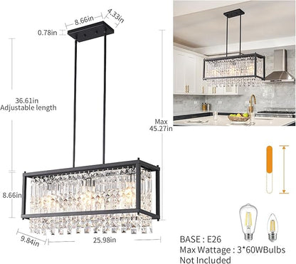 LMQNINE Modern Rectangle Chandelier for Dining Room, Black Crystal Chandelier Linear Light Fixture, Farmhouse Chandeliers for Kitchen Island, Bar Table, L25.98'' x W9.84'' x H8.66''