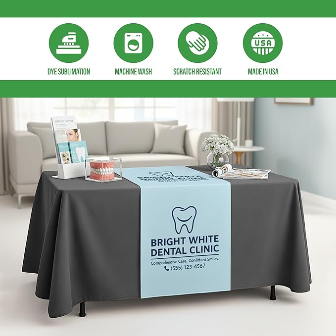 Custom Table Runner (12”x72” to 36”x72”) by BCB Print | Personalize with Business Logo/Image/Text | Trade Shows, Events & Weddings | HD Printed Custom Table Sign | Express Dispatch+Ship | Made in USA