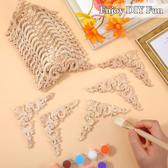 20 Pcs Wood Applique Corner Onlay Decorative Wood Applique DIY Wooden Carved Corner Unpainted Wooden Carved Decals Carving Decal for Furniture Wall Cupboard Bed Cabinet(Delicate Style)