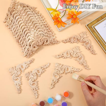 20 Pcs Wood Applique Corner Onlay Decorative Wood Applique DIY Wooden Carved Corner Unpainted Wooden Carved Decals Carving Decal for Furniture Wall Cupboard Bed Cabinet(Delicate Style)
