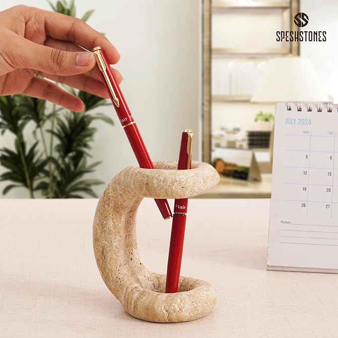Marble Pen Holder for Desk 4 Inch Handmade Travertine Pencil Holder for Desk Accessories, Gifts & Workspace Organizers, Stationary Holders Organizer for Office Supplies Decor