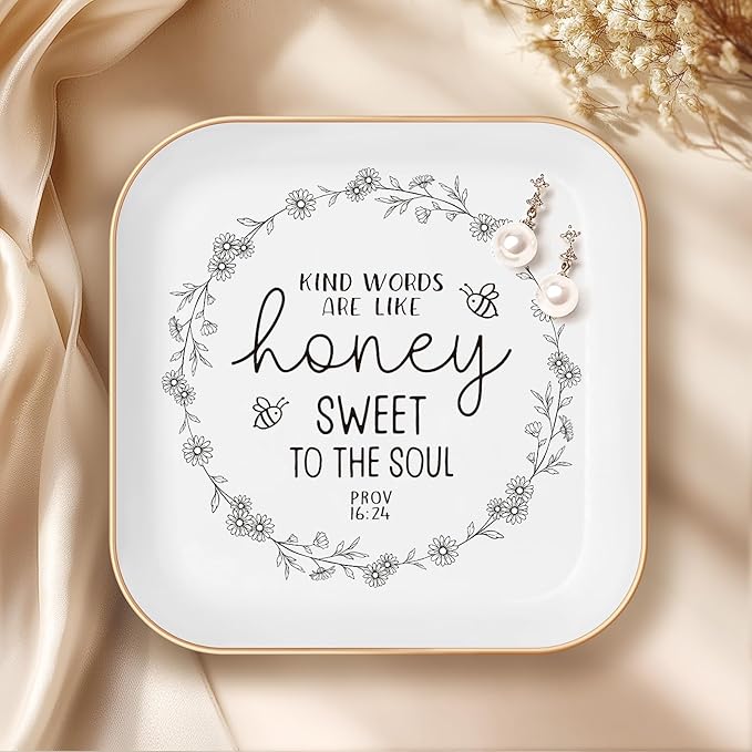 Christian Gifts for Women – Ceramic Jewelry Dish with Bible Verse, Inspirational Friendship & Teacher Appreciation Gift, Thoughtful Birthday or Christmas Keepsake (Prov 16:24)