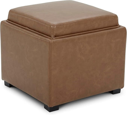 CHITA Storage Ottoman Cube with Tray Lid, Small Footstool with Storage, Square End Table for Living Room and Bedroom, Faux Leather in Saddle Brown