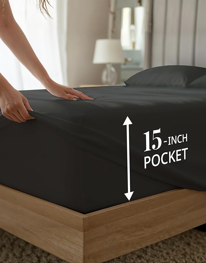 LANE LINEN 100% Egyptian Cotton Twin Sheet Set - 1000 Thread Count, Fully Elasticized Reinforced Seams Extra Deep Pocket Twin Sheet, No Pill Fade Resistant Cooling Bedding Sheet & Pillowcase - Black