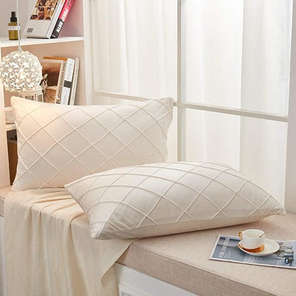 JAUXIO Diamond Pinch Pleated Crystal Velvet Pillowcases 2 Pack Solid Pintuck Throw Cushion Cover for Home Decor Hidden Zipper Closure (Cream, Standard)