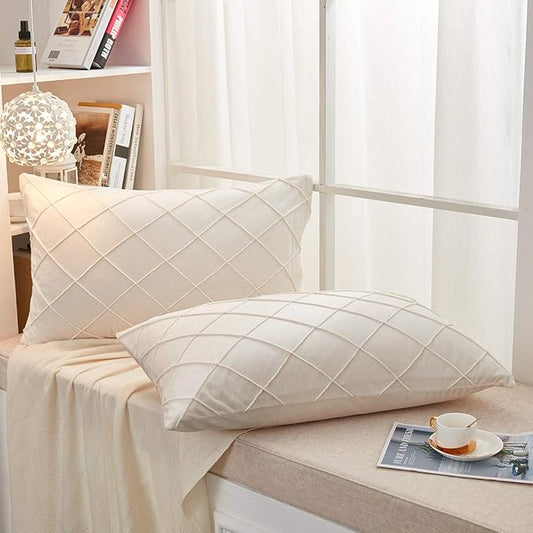 JAUXIO Diamond Pinch Pleated Crystal Velvet Pillowcases 2 Pack Solid Pintuck Throw Cushion Cover for Home Decor Hidden Zipper Closure (Cream, Standard)