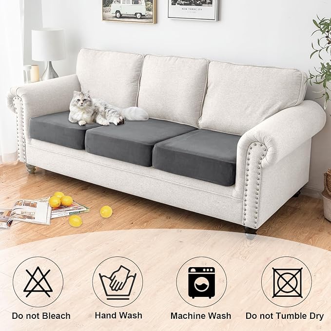 NAISI Waterproof Couch Cushion Covers Thick Velvet Fabric Washable Sofa Slipcovers 3 Pieces Individual Sectional Couch Covers with Elastic Bottom(3 Pcs for 3-Seat or Backrest,Grey)