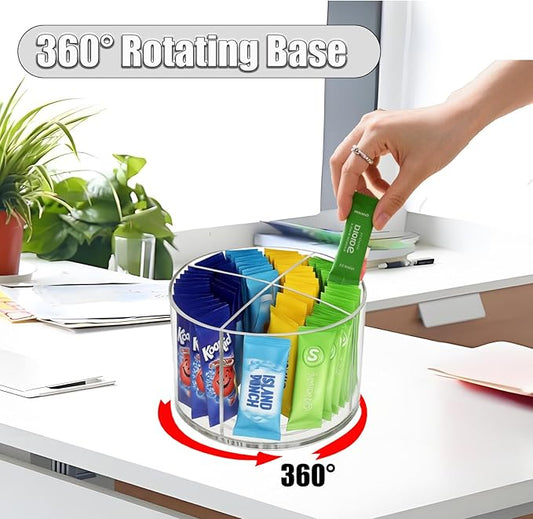 360° Spinning Drink Packet Organizer, Clear BPA-Free Plastic 4-Section Clear Storage for Coffee, Sugar & Drink Mixes | Stackable Kitchen & Pantry Container