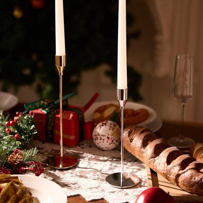 Solid Taper Candle Holders Set of 6, Champagne Gold Long Skinny Candlestick (Heights: 9/11/13 Inch), Heavy Iron Anti-Slip Base for Fireplace Mantle Table Centerpiece Christmas Decor
