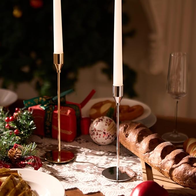 Solid Taper Candle Holders Set of 3, Champagne Gold Long Skinny Candlestick (Heights: 9/11/13 Inch), Heavy Iron Anti-Slip Base for Fireplace Mantle Table Centerpiece Christmas Decor