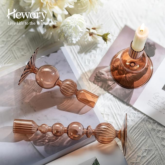 Hewory Glass Candlestick Holders Set: 3PCS Brown Candle Holder Taper Candle Holders Bulk, Crystal Ribbed Candle Sticks Holder Decor for Table Centerpiece Wedding Christmas Thanksgiving Dinner