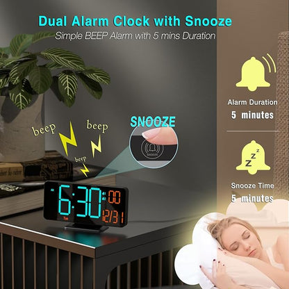 KOSUMOSU Alarm Clocks for Bedrooms, 6.7" Black Small Digital Clock LED, Desk Alarm Clock with Auto Dimming,Seconds, Day of Week, Indoor Temperature,Clocks for Living Room