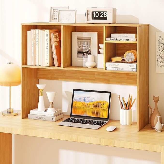 GOFLAME 4 Cubes Desktop Bookshelf, 37” Tabletop Wood Desk Shelf for Computer Monitor, Modern Countertop Desk Display Hutch Storage Organizer Shelf for Home Office, Dorm, Study (Burlywood)