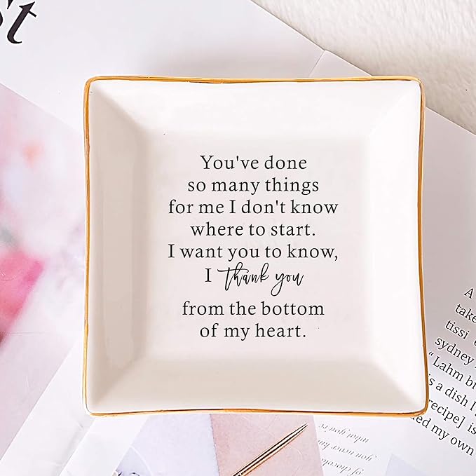 SUNBMO FACEINSE Ceramic Jewelry Trinket Dish, Thank You Gifts for Women Friends & Appreciation Gifts - I Thank You from The Bottom of My Heart