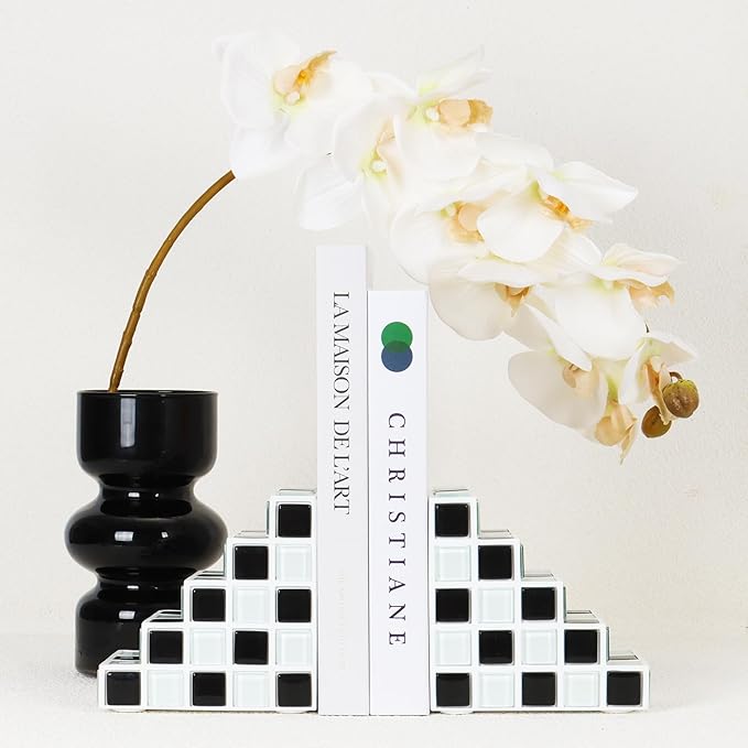 Decorative Bookends for Shelves - Stair Book Ends for Heavy Books - Unique Book Stopper & Holder for Shelves - Modern Home Decor Aesthetic Bookshelf Decor (Black & White)