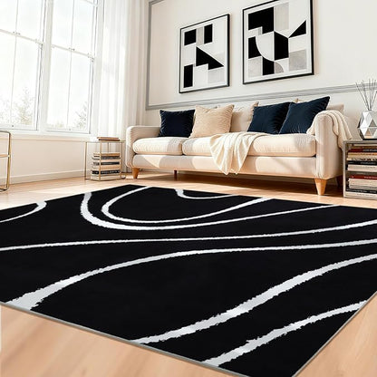 YIHOUSE Abstract Washable Rug 5x7,Ultra Thin Non Slip Black Rugs for Living Room,Modern Minimalist White Stripe Rugs for Bedroom,Dining Room Office Playroom (5'x7',Black-2)