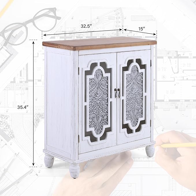 MAISON ARTS Accent Cabinet with 2 Doors, Farmhouse Decorative Storage Cabinet with Solid Wood Frame & Legs for Living Room Entryway Small Sideboard Buffet Cabinet, Metal Embossing Pattern
