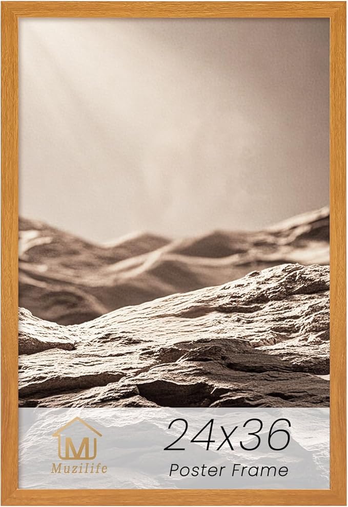 Muzilife 24×36" Poster Frame 1 Pack, Engineered Wood Movie Poster Picture Frames with HD Plexiglass Cover and Hanging Hardware for Horizontal or Vertical, Large, Teak
