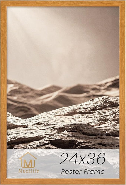 Muzilife 24×36" Poster Frame 1 Pack, Engineered Wood Movie Poster Picture Frames with HD Plexiglass Cover and Hanging Hardware for Horizontal or Vertical, Large, Teak