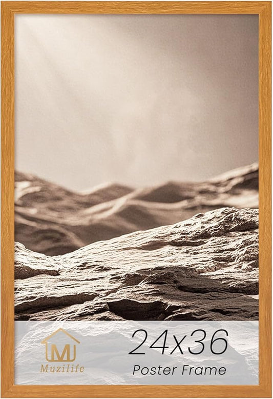 Muzilife 24×36" Poster Frame 1 Pack, Engineered Wood Movie Poster Picture Frames with HD Plexiglass Cover and Hanging Hardware for Horizontal or Vertical, Large, Teak
