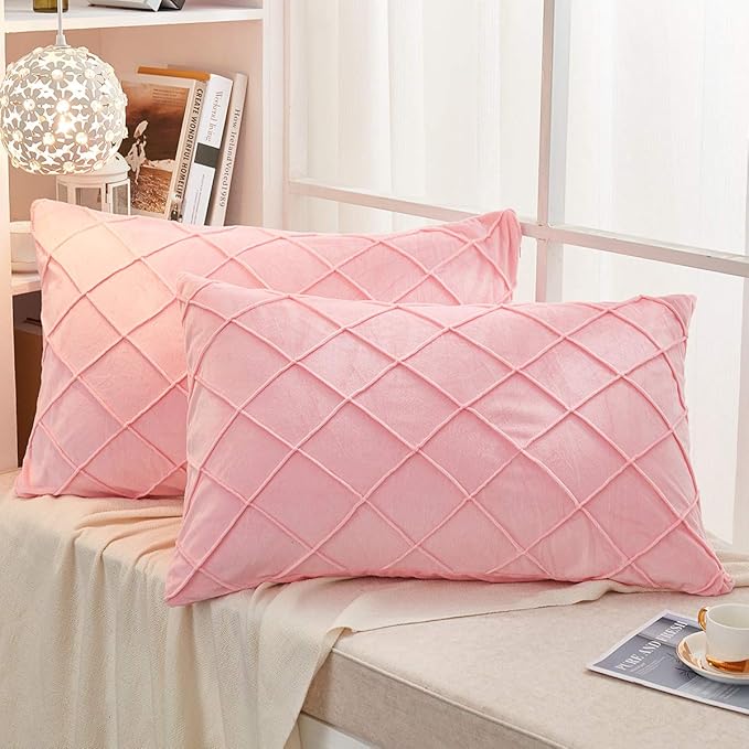 JAUXIO Diamond Pinch Pleated Crystal Velvet Pillowcases 2 Pack Solid Pintuck Throw Cushion Cover for Home Decor Hidden Zipper Closure (Pink, Standard)