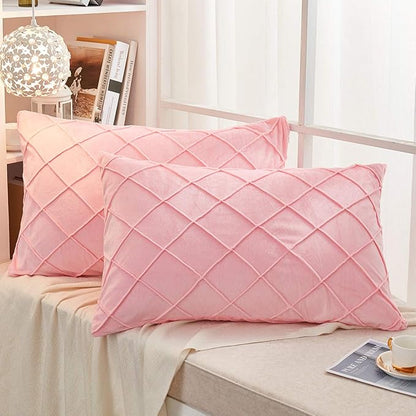 JAUXIO Diamond Pinch Pleated Crystal Velvet Pillowcases 2 Pack Solid Pintuck Throw Cushion Cover for Home Decor Hidden Zipper Closure (Pink, King)