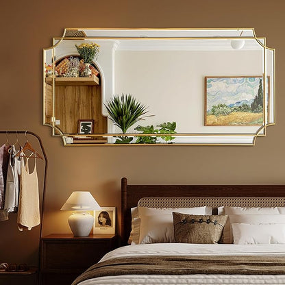 Gold Full Length Mirror for Wall, 59" x30" Wooden Framed, Polished Bevelled Rectangle Mirror, Art Decorative Mirrors for Wall Decor, Irregular Mirrors for Living Room, Bathroom, Entryway