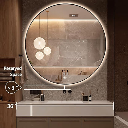 36" Round LED Bathroom Mirror, Wall Mounted Backlit Vanity Mirror with 45° Beveled Frame Lighted Mirror for Bedroom, Fog Free 3-Color Dimmable Lights Memory Function, Black