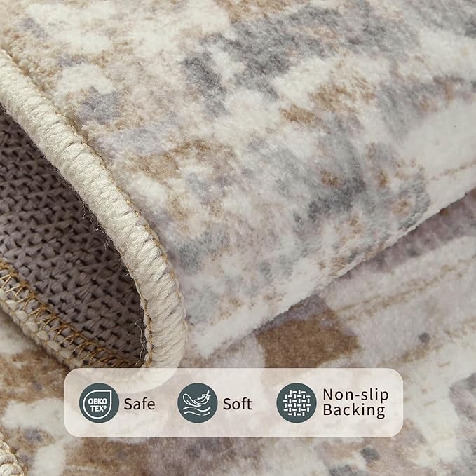 9x12 Area Rug for Living Room, Extra Large Washable Rug, Soft Neutral Abstract Rug for Bedroom, Office, Farmhouse, Low Pile Imitation Wool Non Slip Carpet Ideal for High-Traffic Areas, Beige Grey