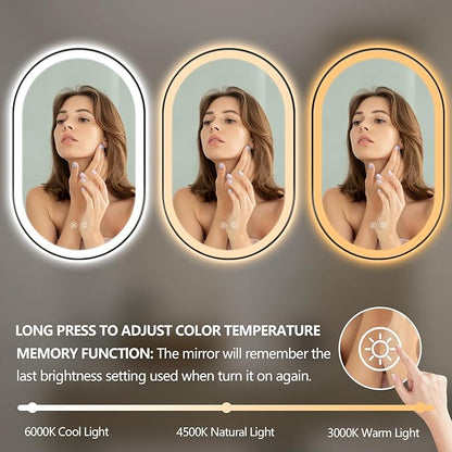 Niccy Oval LED Mirror for Bathroom, 48x30 Front Lit + Backlit Vanity Mirrors with Light Anti-Fog, Shatter-Proof, 3 Colors, Makeup Mirror with Black Frame (Horizontal/Vertical)
