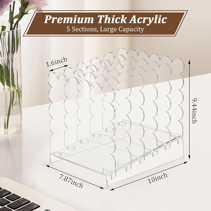 Clear Vertical File Organizer Acrylic File Holder Mails Letter Paper Envelope holder Stand Desk Organizer for Office Home School(Removable 5 Compartments,9.8 x 9.5 x 7.9 Inch)