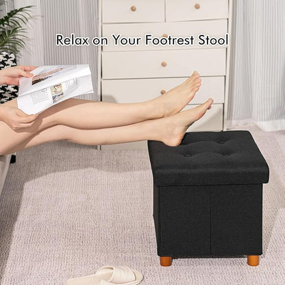 PINPLUS Storage Ottoman Cube, Linen Footrest with Wooden Legs, Foldable Fabric Footrest, Comfortable Seat with Lid, Ottoman with Storage for Living Room, 15"x 15"x 15"