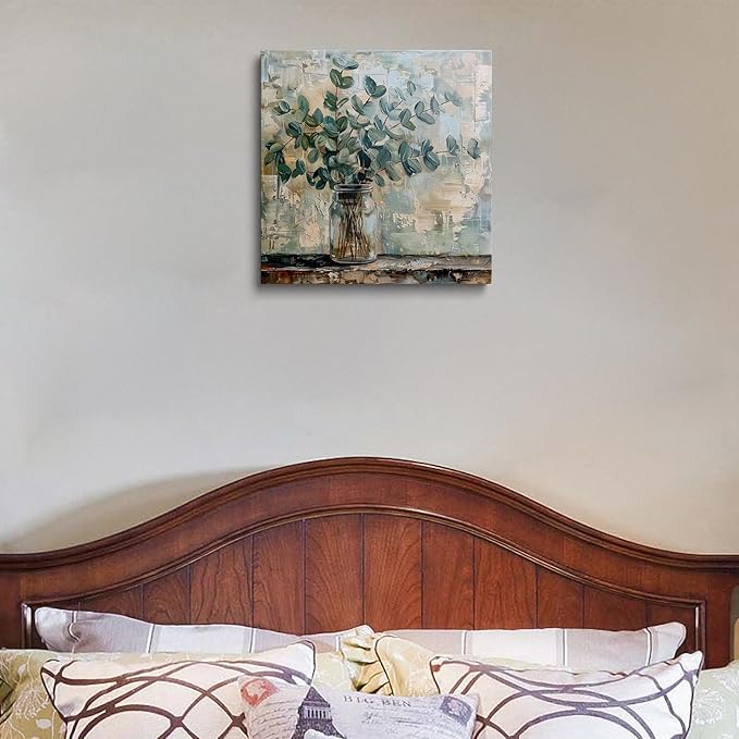 Eucalyptus Botanical Vase Wall Art Canvas Print Abstract Farmhouse Painting Rustic Modern Home Wall Decor for Living Room Bedroom Office Soft Green Leaves Still Life Artwork Canvas 14x14 Inches