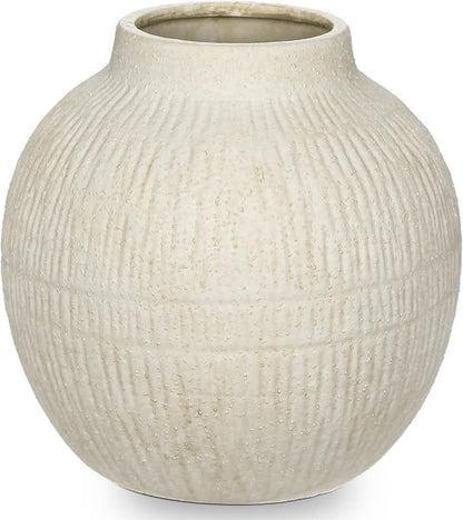 7" Short Round Clay Vase with Vertical Engravings Texture, Sand-Grain Tactile, Wide Ceramic Vase for Cafe Centerpiece Decor, Bohemian Style, Small & Beige White