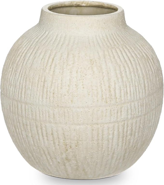 7" Short Round Clay Vase with Vertical Engravings Texture, Sand-Grain Tactile, Wide Ceramic Vase for Cafe Centerpiece Decor, Bohemian Style, Small & Beige White