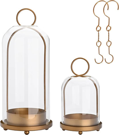 Metal Candle Holder with Handmade Glass Dome in Brass, 5" & 4" Wide Versatile Hurricane Glass Candle Holders Set of 2, for Pillar Candles & Plants (Brass)