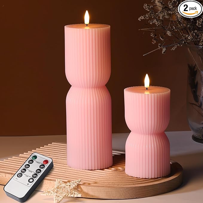 Pink Ribbed Flameless Pillar Candles with Remote, Flickering LED Candles Battery Operated Real Wax Set of 2