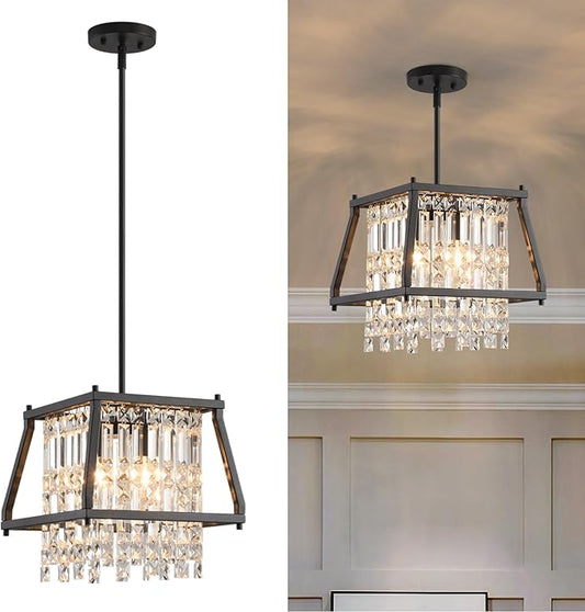 LMQNINE Farmhouse Chandelier - Black Metal Crystal Pendant Light for Kitchen, Dining Room, Living Room - Flat & Inclined Ceiling (Trapezoid -11.81in)