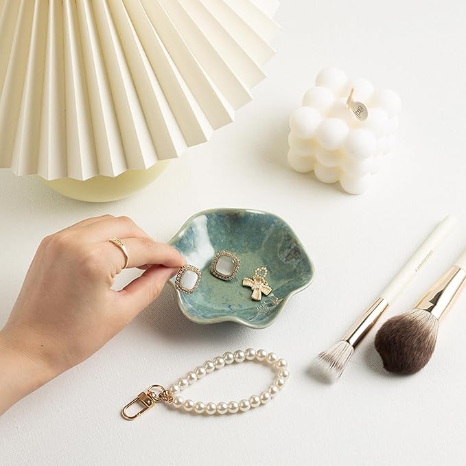 Ceramic Ring Dish, Jewelry Dish Holder, Small Trinket Tray Plate for Earrings Rings Necklaces Keys, Gift for Mom Friend Sister on Birthday Mother's Day Christmas (Cyan Surface)