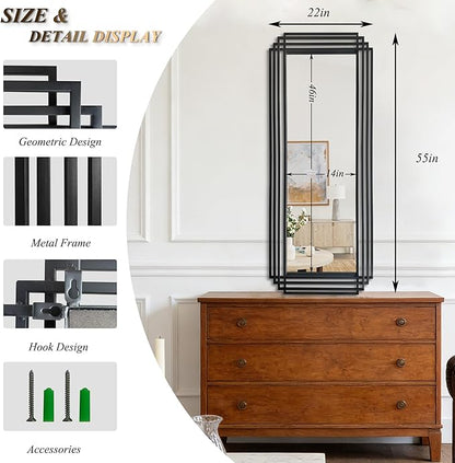 Modern Geometric Wall Mirror, 55"x22" Elegant Rectangle Mirror with Metal Frame, Large Art Wall Mirrors for Living Room Bathroom Bedroom Entryway Hallway, Hangs Vertically or Horizontally