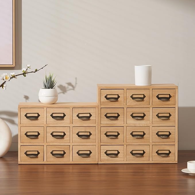 KIRIGEN Wood Drawer Organizer Desktop Storage Cabinet Box Drawers for Home Office Desk Organization and Storage 12 Drawer Mini Chest with Metal Handles Natural(12CG-NA)