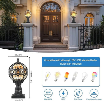 Outdoor Lamp Post Lights, Aluminum Rust-Proof Globe Post Light for Porch Front Door Driveway Lawn Garden, Black Sphere Exterior Pillar Post Light, Hardwired 3" Pier Mount Post Lantern